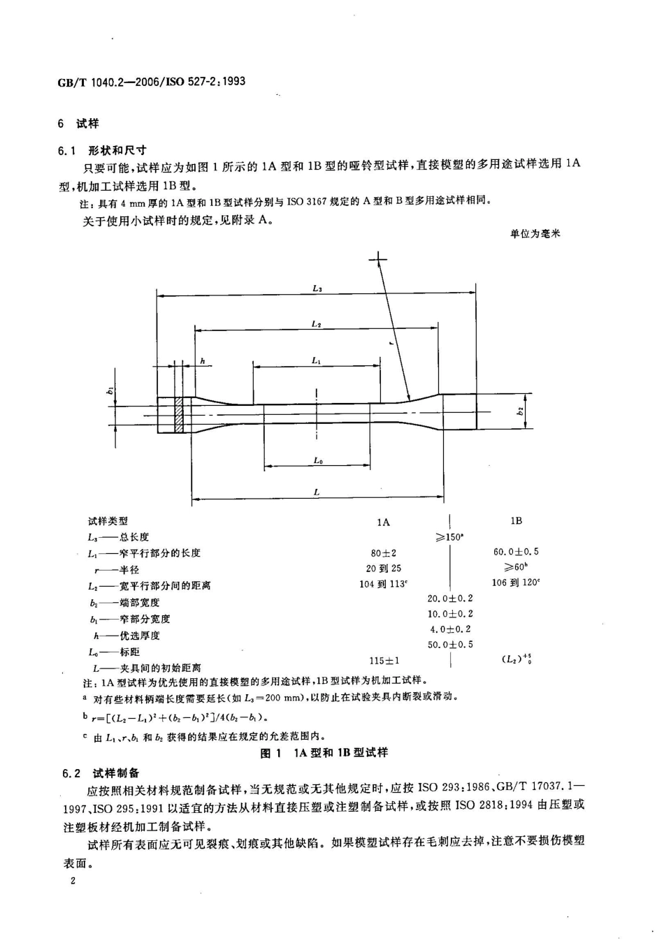 GBT1040.2-2006 塑料 拉伸性能的测定 第2部分：模塑和挤塑塑料的试验条件.pdf_第2页