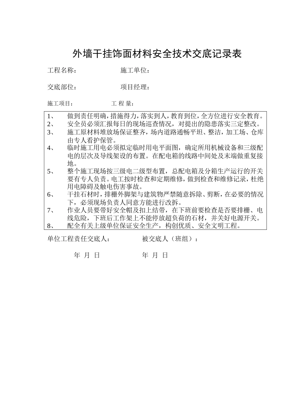 外墙干挂饰面材料安全技术交底记录表.doc_第1页