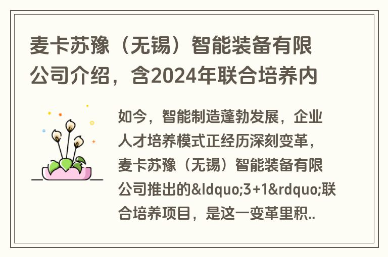 麦卡苏豫（无锡）智能装备有限公司介绍，含2024年联合培养内容