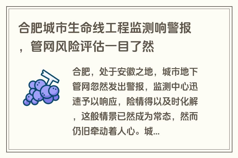 合肥城市生命线工程监测响警报，管网风险评估一目了然