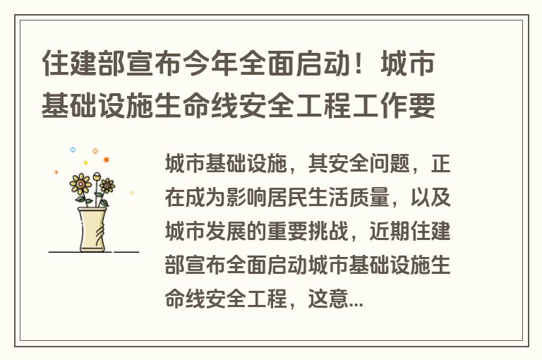 住建部宣布今年全面启动！城市基础设施生命线安全工程工作要点