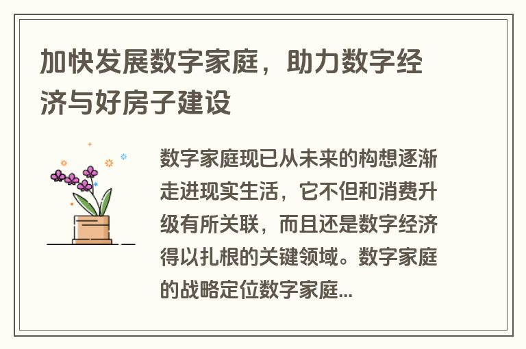 加快发展数字家庭，助力数字经济与好房子建设