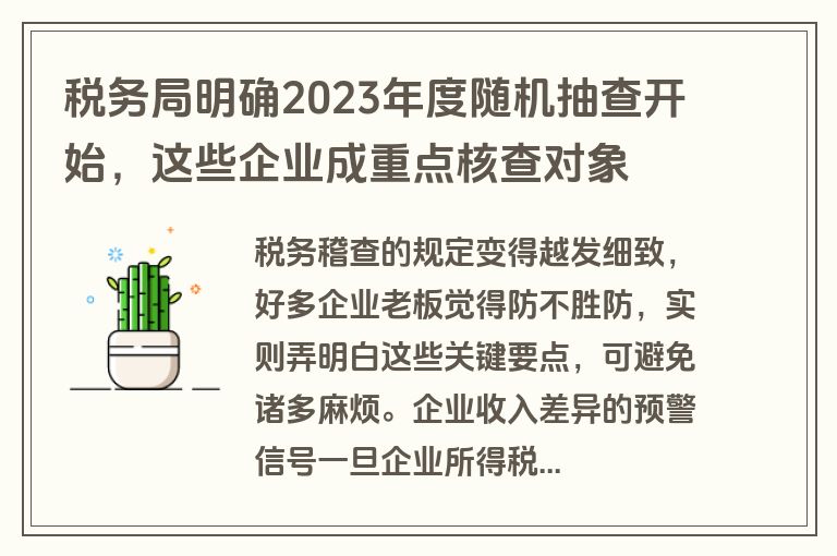 税务局明确2023年度随机抽查开始,这些企业成重点核查对象
