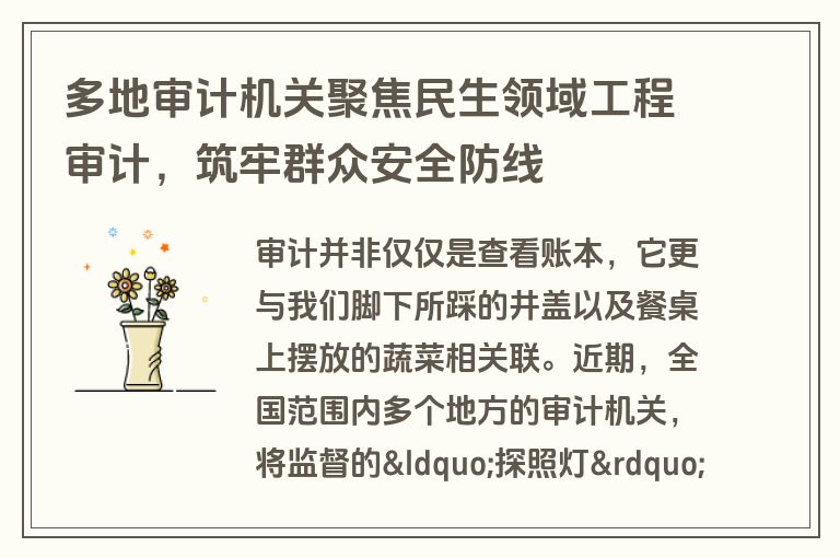 多地审计机关聚焦民生领域工程审计，筑牢群众安全防线