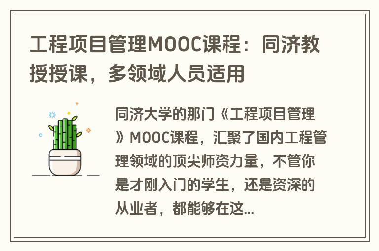 工程项目管理MOOC课程：同济教授授课，多领域人员适用