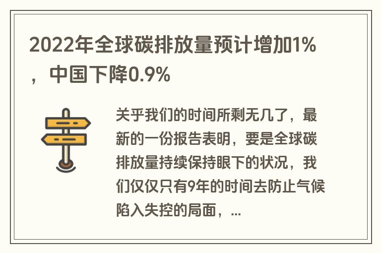 2022年全球碳排放量预计增加1%，中国下降0.9%