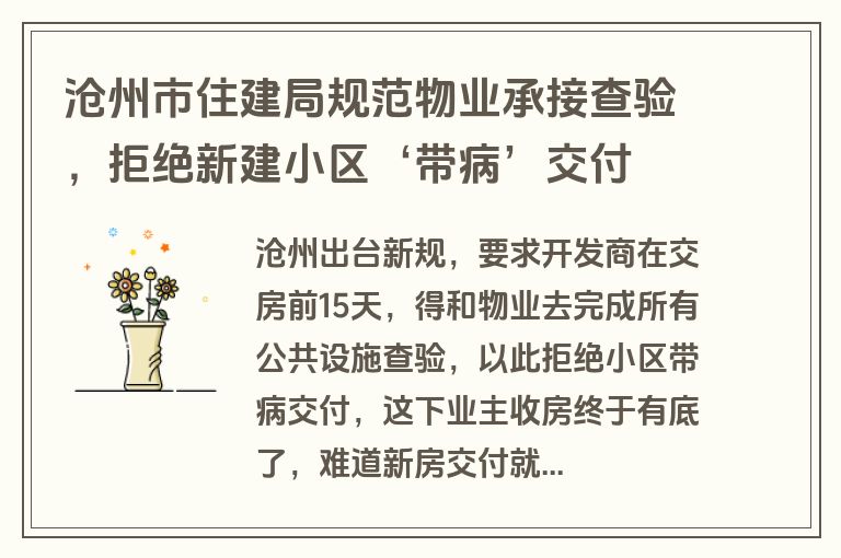 沧州市住建局规范物业承接查验，拒绝新建小区‘带病’交付