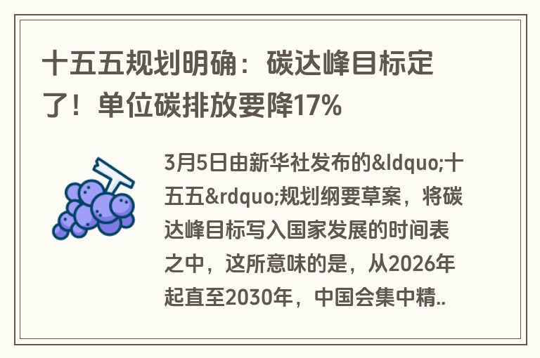 十五五规划明确：碳达峰目标定了！单位碳排放要降17%