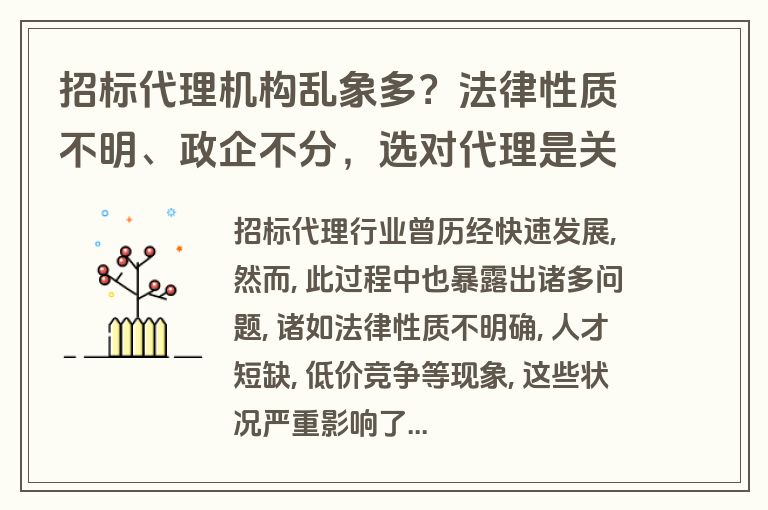 招标代理机构乱象多？法律性质不明、政企不分，选对代理是关键